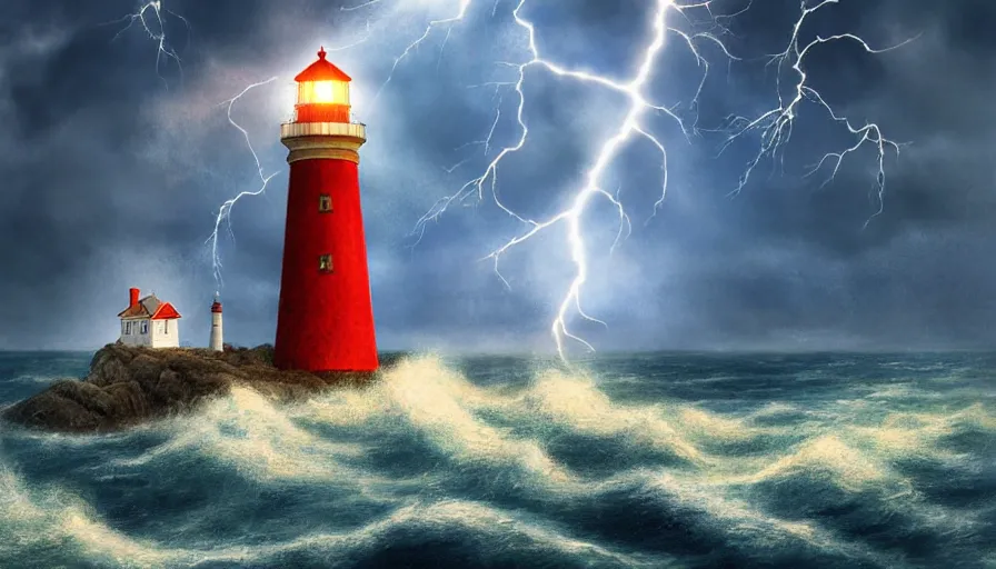 Image similar to a lighthouse being struck by lightning out at sea, digital art, highly detailed, realistic, bright colors, 8 k