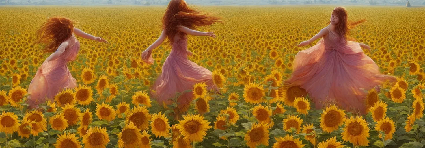 Image similar to beautiful young girl dancing in a fiery dress in a beautiful field of sunflowers and lilies, high detail, very realistic, by greg rutkowski, by james gurney ultra clear detailed, digital painting by ( ( makoto shinkai ) ), moebius moebius, surrealism, trending on artstation