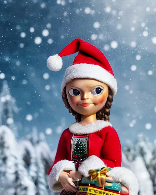 Image similar to highly detailed closeup, portrait of a tin toy santa greta thunberg wearing a bikini, depth of field, fashion photoshoot by nicoletta ceccoli, mark ryden, lostfish, dan decarlo, bob clampett, max fleischer, breathtaking, detailed and intricate snowenvironment, 8 k resolution, hyperrealistic, octane render