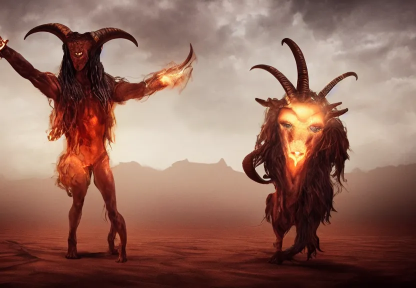 Image similar to terrific jinn demon in middle of desert with hoof on his feet and goat face with long cloth afraid of beautiful powerful angel, epic, good vs evil, atmosphere, harsh lighting, cinematic lighting,, award wining art, artstation, high details, concept art, 4 k