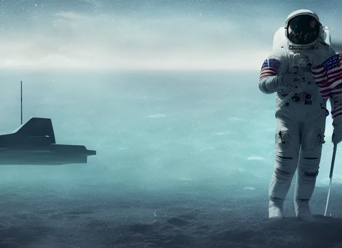 Image similar to astronaut holding a flag in an underwater desert. a submarine is visible in the distance. dark, concept art, cinematic, dramatic, atmospheric, 8 k, trending on artstation, blue, fish, low visibility, fog, ocean floor, christopher nolan, interstellar