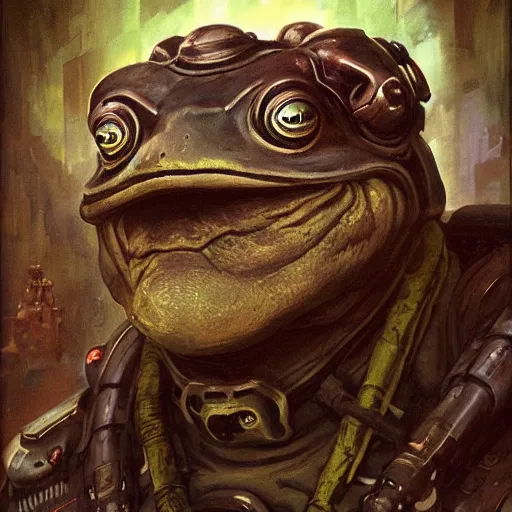 Prompt: Dieselpunk Portrait Rage Frowning Face Head Ears Slimy Amphibian Bufo Toad Bullfrog Guy In Space Facial Illustration Wearing Nanotech Spacevest GuildWars2 Cover Art Kieran Yanner Brad Rigney willian murai ilya repin Dragan Bibin Pete Mohrbacher Raymond Swanlandy stephan matiniere Anime Brushstrokes Oil Painting Chad Musculature