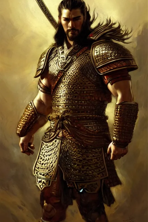 Image similar to attractive beefy male with armor, ancient china, three kingdoms, character design, dynamic lighting, cool and bright tint, painting by gaston bussiere, craig mullins, j. c. leyendecker, tom of finland