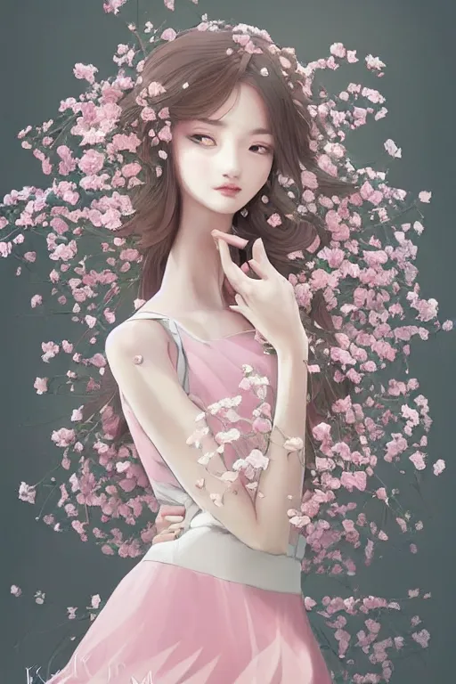 Image similar to romantic and fashion and love princess of the flower with sheath dress, pink rosa, gypsophila, teenager girl, baroque, symmetrical head and body, flowing hair, smile, trending pinterest and pixiv, muted colors, hyperrealistic, focused, close up shot, character concept art, face by kyoung hwan kim, alexandra fomina, ilya kuvshinov