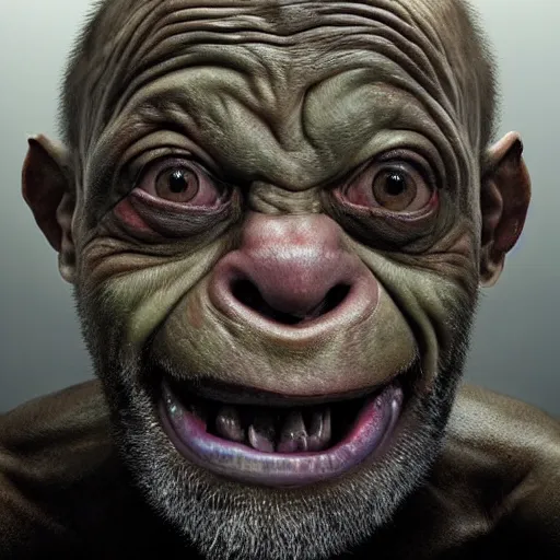 Image similar to hyperrealistic mixed media high resolution painting of Danny DeVito Gollum perched in a dark cave, stunning 3d render inspired art by Jamie Salmon and István Sándorfi and Unreal Engine and Greg Rutkowski, perfect facial symmetry, dim volumetric lighting, 8k octane beautifully detailed render, full body shot, post-processing, extremely hyper-detailed, intricate, epic composition, highly detailed attributes, highly detailed atmosphere, cinematic lighting, masterpiece, trending on artstation, very very detailed, masterpiece, stunning, flawless completion, lifelike texture, perfection,