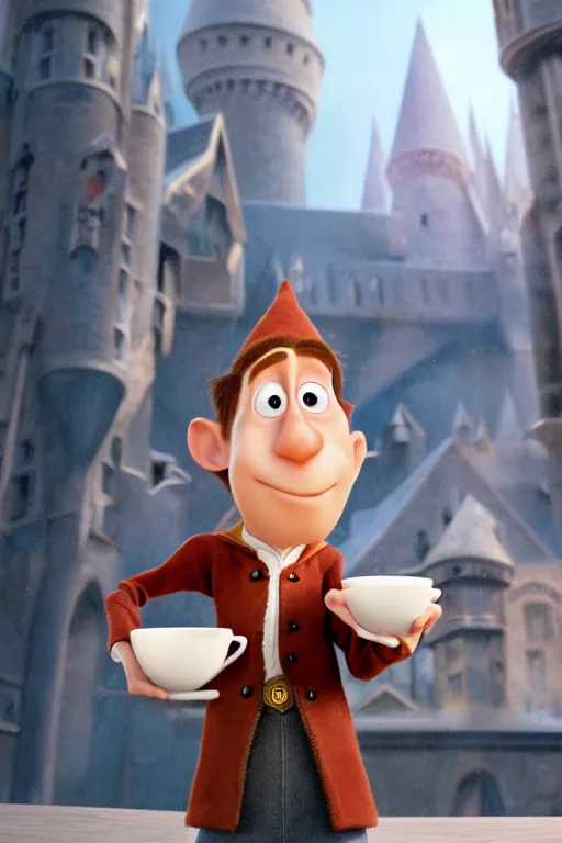 Prompt: portrait of a wizard holding a white teacup with hogwarts in background, full body. pixar disney 4 k 3 d render funny animation movie oscar winning trending on artstation and behance, ratatouille style