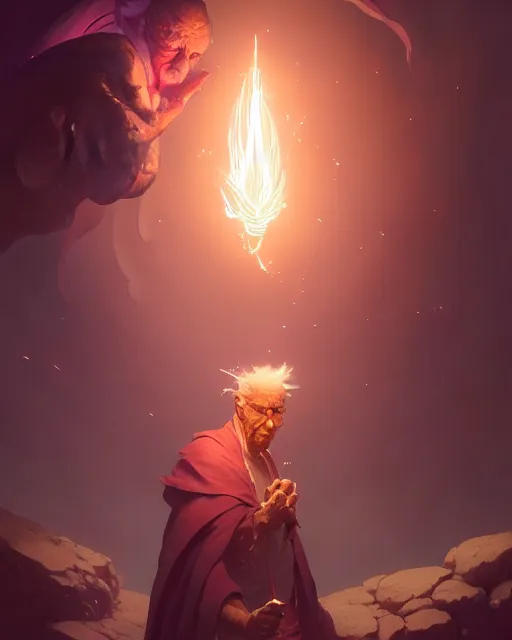 Image similar to highly detailed vfx portrait of an old mage casting a light spell, unreal engine, greg rutkowski, loish, rhads, beeple, makoto shinkai and lois van baarle, ilya kuvshinov, rossdraws, tom bagshaw, alphonse mucha, global illumination, detailed and intricate environment