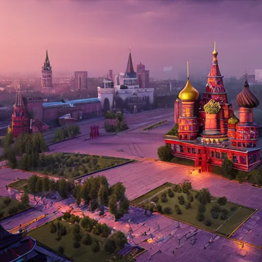 Prompt: chinese - style kremlin and chinese st. basil's cathedral on wide stone square at gentle dawn, a huge portrait of mao on the kremlin wall, at gentle dawn pink light, rossdraws, artgerm, norman rockwell, emiliano ponzi, epic composition, hd, octane, unreal engine, volumetric lighting, light rays, masterpiece, award - winning