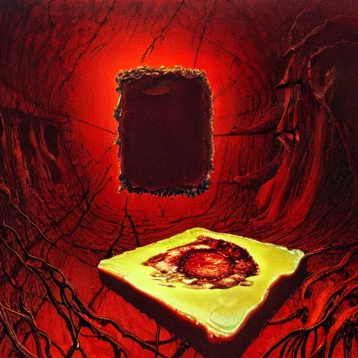 Image similar to meat jelly aspic on bone plate, incenerate painting by david cronenberg, beksinski, bernie wrightson, trending on artstation, horror film, creepypasta