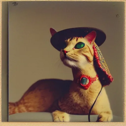 Prompt: A portrait of a cat wearing a small vietnamese straw hat, award winning photo, polaroid, color photo