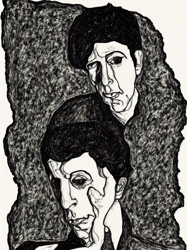 Image similar to a line art portrait of singer leonard cohen, inspired by the work of egon schiele.