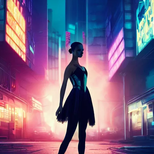 Prompt: professional photo of ballerina on cyberpunk street, synthwave, blade runner 2 0 4 9, hyperrealistic masterpiece, trending on artstation, cgsociety, kodakchrome, golden ratio, cinematic, composition, beautiful lighting, hyper detailed, sharp focus, octane render, 4 k, unreal engine