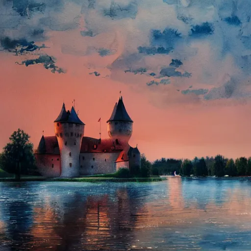 Prompt: cinematic shot of magnificent trakai castle during sunset, watercolor painting, jakub rozalski, dark colours, artstation