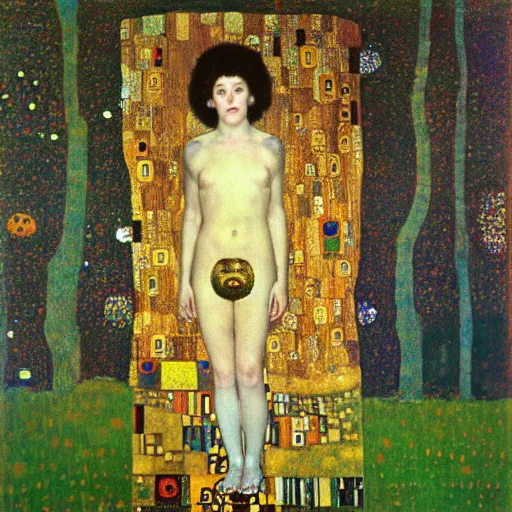 Image similar to portrait of a surreal goddess floating in the middle of a ancient wood, painting by Gustav Klimt and Andy Warhol