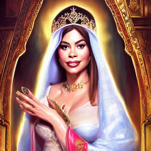 Image similar to a portrait of sofia vergara as an arabian princess in a disney movie, crown!! oil painting, pale colors, high detail, 8 k, wide angle, trending on artstation,
