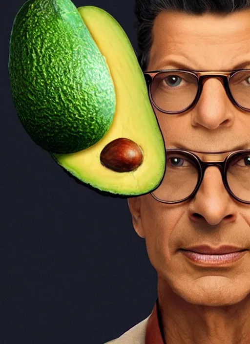 Image similar to an avocado with the head of jeff goldblum in a movie poster