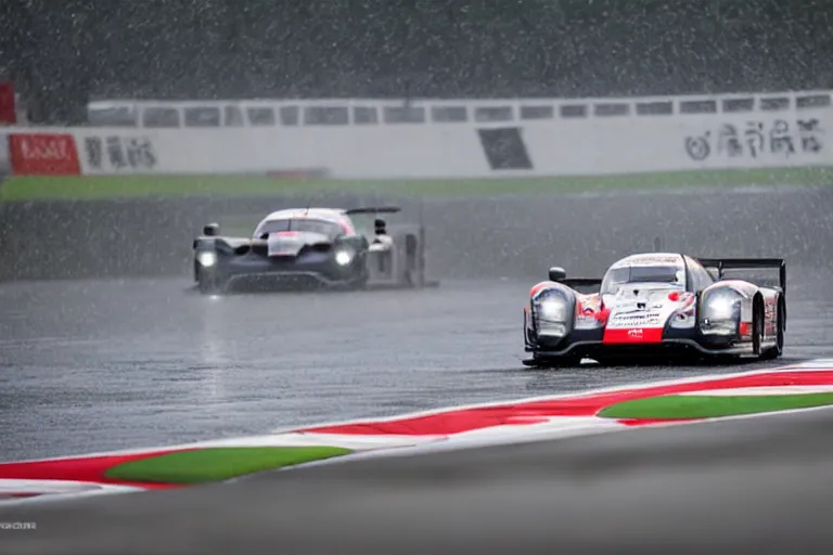 Image similar to beautiful, japanese art of the porsche 9 1 9 in heavy rain at circuit de spa - francorchamps, 8 k