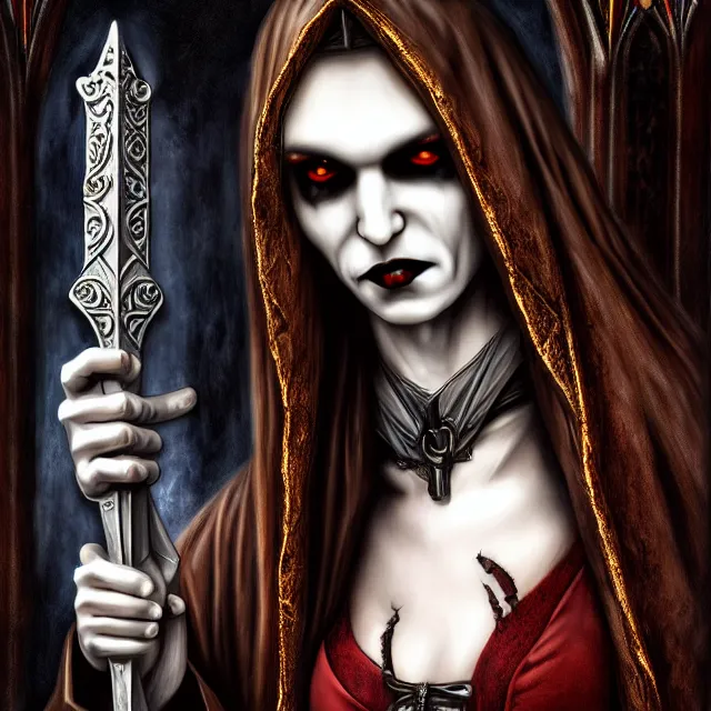 Prompt: vampire warrior, in a gothic church, highly detailed, 4 k, hdr, close up, portrait, smooth, sharp focus, high resolution, award - winning photo, illustrated by anne stokes, photorealistic