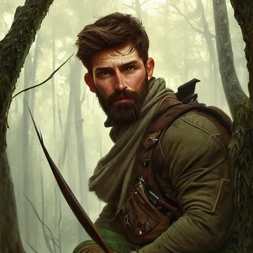 Image similar to portrait of rugged male ranger in the forest, masculine, D&D, muscular, fantasy, intricate, elegant, highly detailed, digital painting, artstation, concept art, smooth, sharp focus, illustration, art by artgerm and greg rutkowski and alphonse mucha