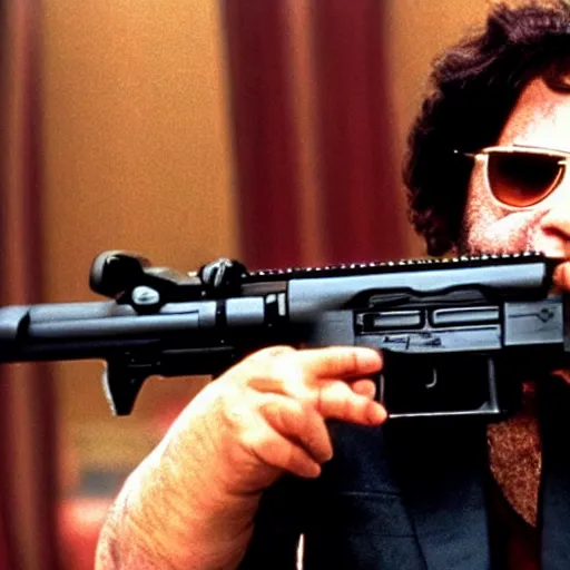 Prompt: Danny DeVito in Scarface holding M16, cinematic, sharp focus, movie still, atmospheric, Action scene, 8k,