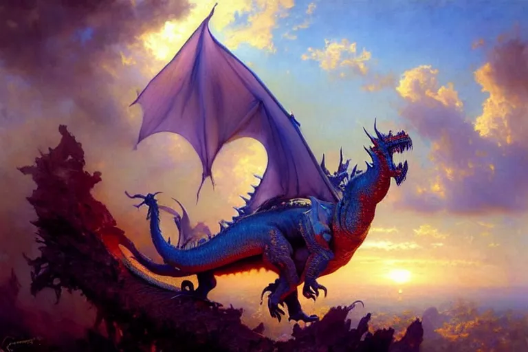 Prompt: a beautiful terrifying colossal dragon looms over the horizon. ethereal fantasy art. vibrant colors and hard shadows and strong rim light, light blue clear sky, cool white color temperature, painting by gaston bussiere, craig mullins, j. c. leyendecker