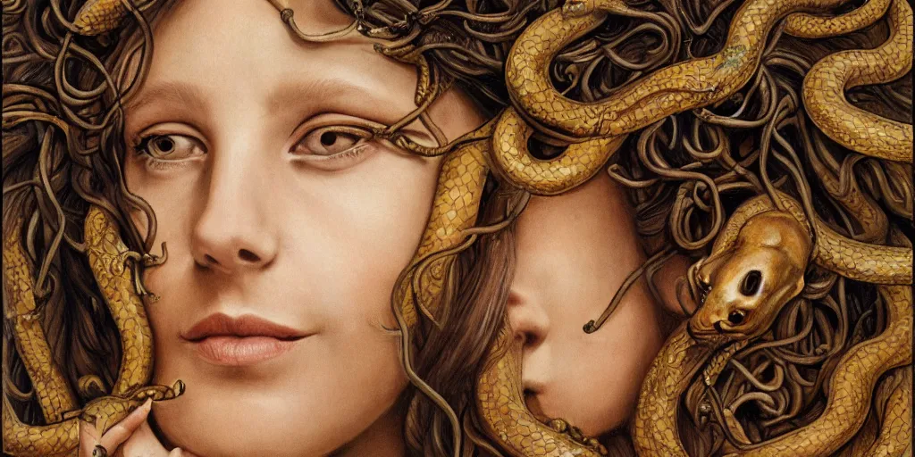 Image similar to realistic portrait of beautiful medusa with her snakes, golden, delicate, facing camera, hyper realism, 1 4 5 0, ink, ultra realistic, 8 k