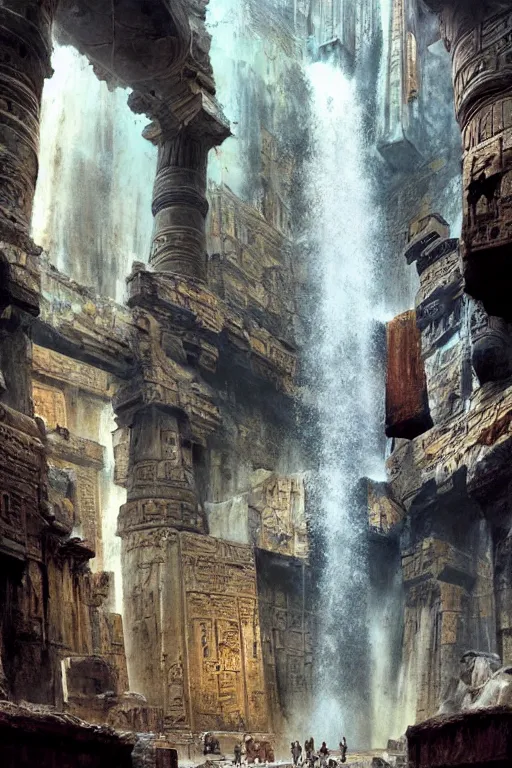 Image similar to looking up at ancient egyptian ruins interior, waterfall, huge statues, intricate, elegant, vivid colors, highly detailed, john park, craig mullins, sparth, ruan jia, jeffrey catherine jones