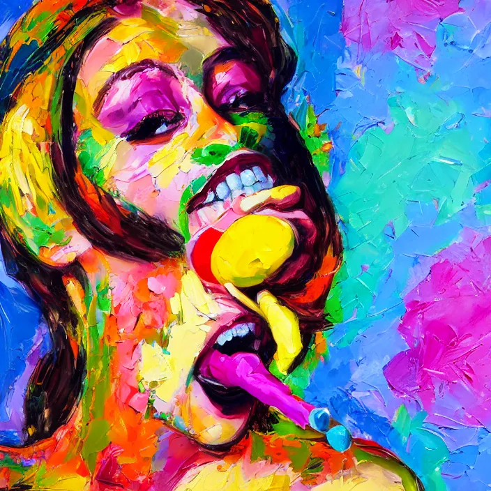 Image similar to portrait of beautiful woman licking a lollipop painted with colorful gouache impasto