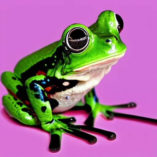 Prompt: A photo of a cute little frog who looks really cool wearing round white sunglasses and a leather jacket facing camera-right drinking from a grape-flavored juicebox