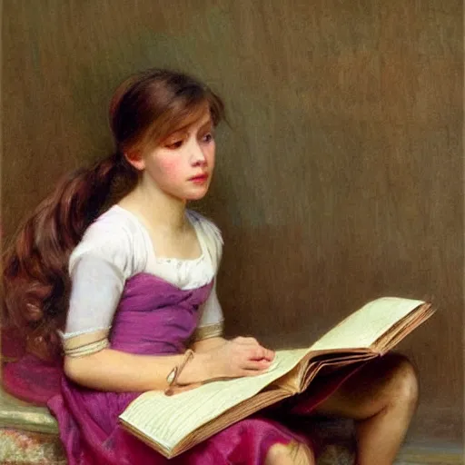 Image similar to a girl reading book, hair flowing down, by Émile Eisman-Semenowsky