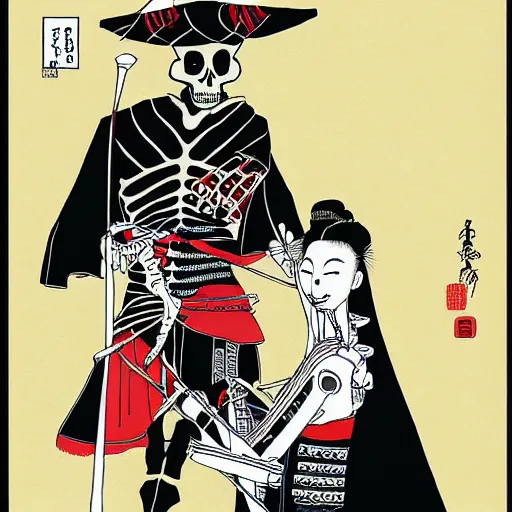 Image similar to portrait of a skeleton samurai and his beautiful Japanese wife by Toshio Saeki, high detailed