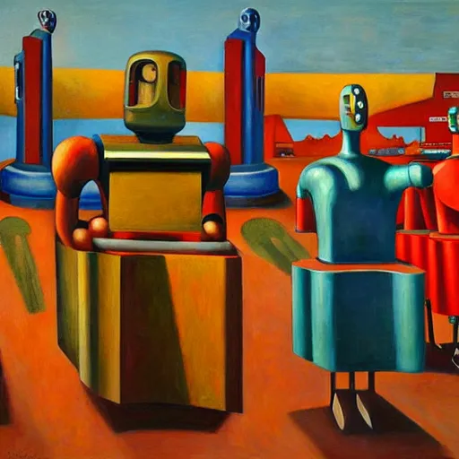 Image similar to robot parade, pj crook, edward hopper, oil on canvas