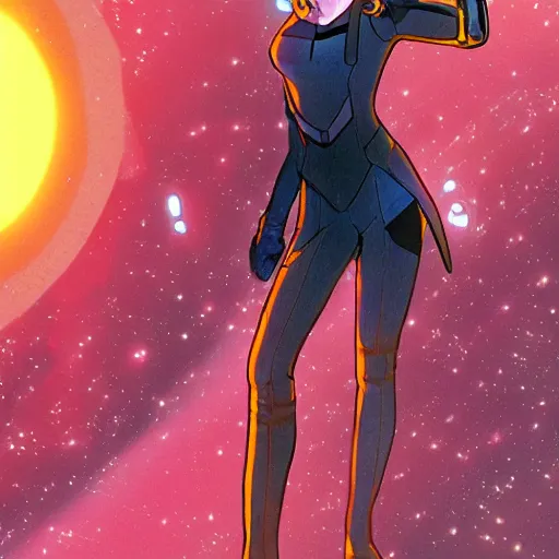 Prompt: a still of a Swedish anime girl from space Oddessey by Phil Noto and Alex Ross, in comic book cover style