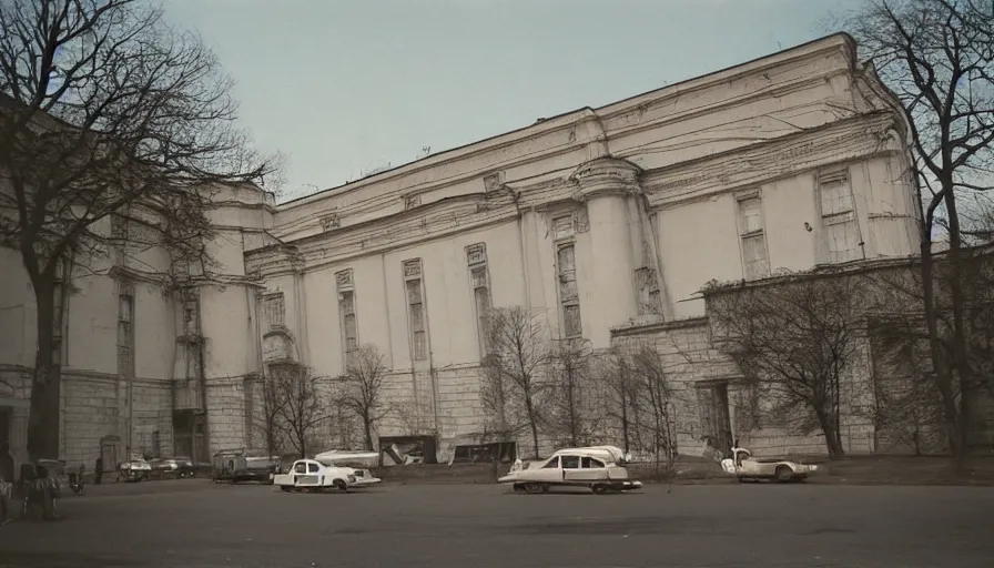 Image similar to 60s movie still of a sovietic museum stalinist style, cinestill 800t 10mm eastmancolor, by Josef Sudek, liminal Space style, heavy grain, high quality, high details, panoramic