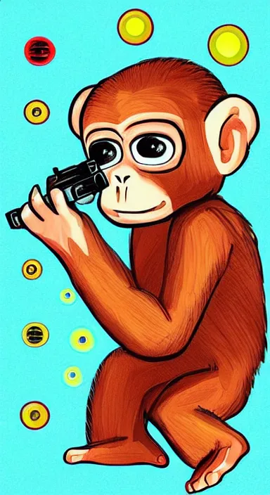 Image similar to “ small monkey with laser gun in large empty space, digital art, super aesthetic, art station children drawing style, award winning ”