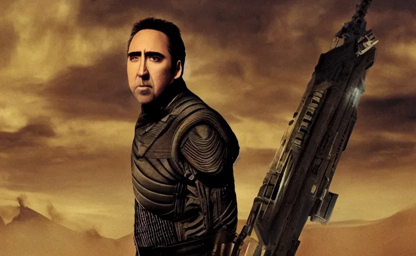 Prompt: Nicholas Cage!! in Dune 2021 by denis villeneuve, screenshot, still, movie poster, wallpaper, movie scene, Dune!