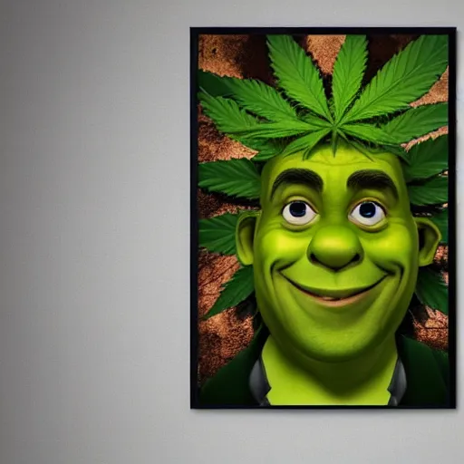 Image similar to Shreck dressed in Marijuana leaves, portrait, ultra realism