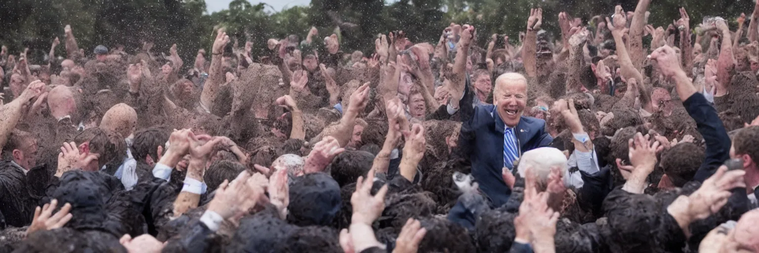 Prompt: photograph of several clones of joe biden raving in a muddy mosh pit