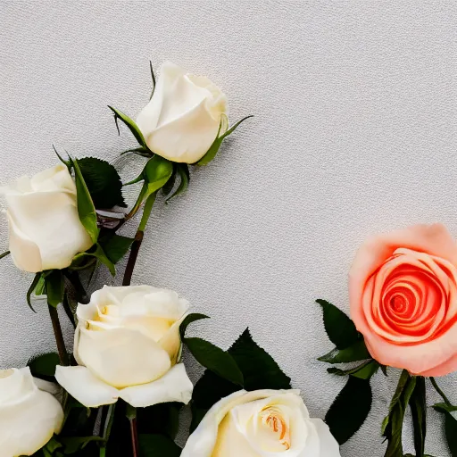 Image similar to perfume bottle sitting on a white surface surrounded by a plethora peach colored roses, bright white realistic, up close shot, white background, zen, light, modern minimalist f 2 0