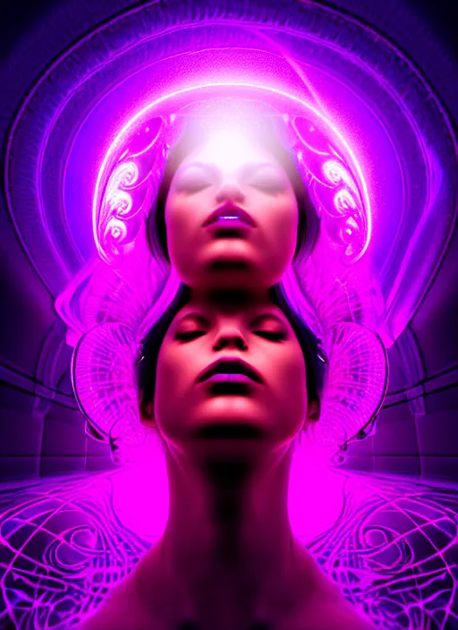 Prompt: absurdly beautiful female figure with beautiful human face, cervix awakening, portal, fractals swirling outward, glowing internal light, hyperdetailed, intricate linework, purple, deep blue, hot pink, dark atmosphere, unreal engine 5 highly rendered, global illumination, radiant light, detailed and intricate environment