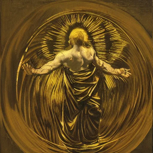 Prompt: gold disc embossed with the image of a human figure that represents a shamanic practitioner in the throes of spiritual ecstasy, by caravaggio, by van gogh, graffiti