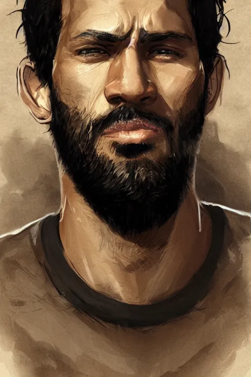 Prompt: very detailed portrait of a rugged man in his early thirties, strong jaw, ( ( deep black eyes ) ), ( ( ( latino features ) ) ), wearing a black!! t - shirt, earthy color scheme, by wlop and krenz cushart and artgerm, detailed eyes, starry background, trending, on artstation.