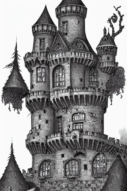 Prompt: a line drawing of an old castle in the woods by joe fenton, trending on artstation, realistic rendering