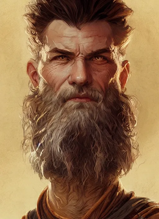 Image similar to portrait of a ruggedly handsome cleric, soft hair, muscular, half body, leather, hairy, d & d, fantasy, intricate, elegant, highly detailed, digital painting, artstation, concept art, smooth, sharp focus, illustration, art by artgerm and greg rutkowski and alphonse mucha