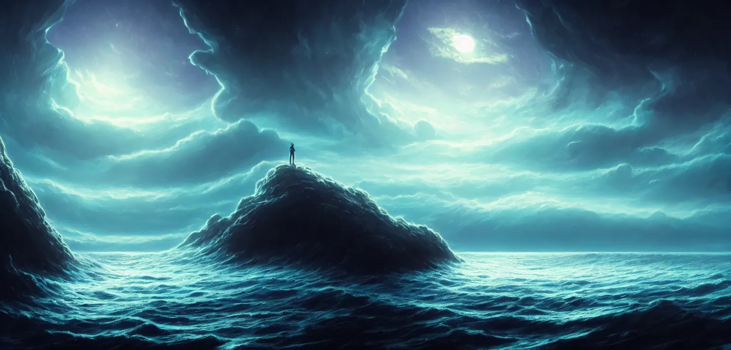 Prompt: surreal seascape with beautiful nebula, silver full moon and shimmering sea surface in fisheye view, cinematic view, epic sky, detailed, concept art, low angle, high detail, warm lighting, volumetric, godrays, vivid, beautiful, trending on artstation, by jordan grimmer, huge scene, grass, art greg rutkowski