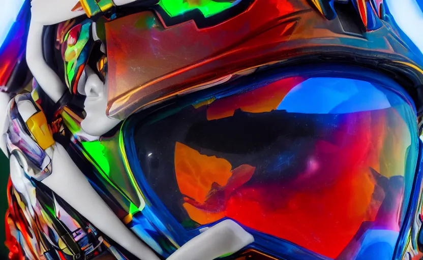 Image similar to beautifully lit extreme close up photo of a white marble statue of an anime girl with colorful motocross logos and motorcycle helmet with closed visor, colorful smoke in the background, carved marble statue, fine art, neon genesis evangelion, virgil abloh, offwhite, denoise, highly detailed, 8 k, hyperreal