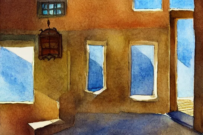 Image similar to rays of the morning sun shining through the window of the village house. very beautiful, clear sky, warm shiny colors, watercolor drawing