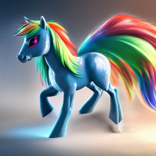 Image similar to hyperrealistic rainbowdash pony, stunning 3 d render inspired by istvan sandorfi & greg rutkowski & mike judge, perfect symmetry, dim volumetric cinematic lighting, 8 k octane comprehensive render, extremely mega hyper - detailed and lifelike attributes & atmosphere, intricate, realistic flesh texture, masterpiece, artstation, stunning,