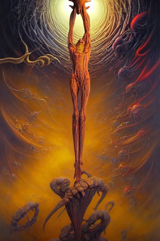 Prompt: a tall, fleshy person with extra limbs, hovering in the air, extraterrestrials reach for him from below, rich colours, Karol Bak, Greg Hildebrandt, mark brooks, hauntingly surreal, highly detailed painting by Katsuhiro Otomo, part by Adrian Ghenie, part by Gerhard Richter, Soft light 4K