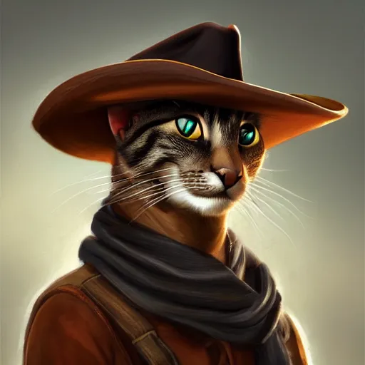 Prompt: a portrait of a cat with a cowboy hat on with an American flag scarf, D&D, sci-fi, elegant, hopeful, muscular, highly detailed, digital painting, artstation, concept art, smooth, sharp focus, illustration